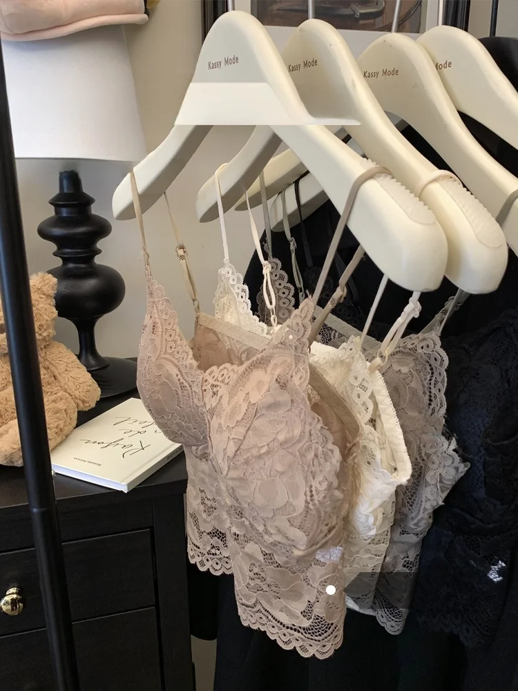 Pure Desire Sexy Lace Crop Top Women's Summer Hot Girl Slim Fit Short Style with Chest Pad Beautiful Back Strap Top
