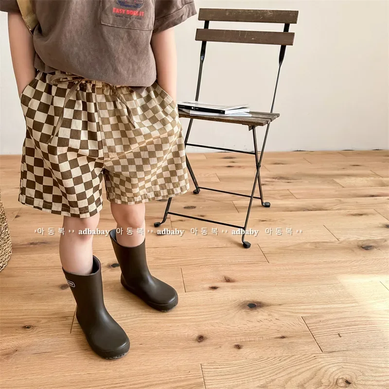 2024 Children's Summer New Product Children's Korean Summer Checker Shorts Boys and Girls' High Waist Casual Pants