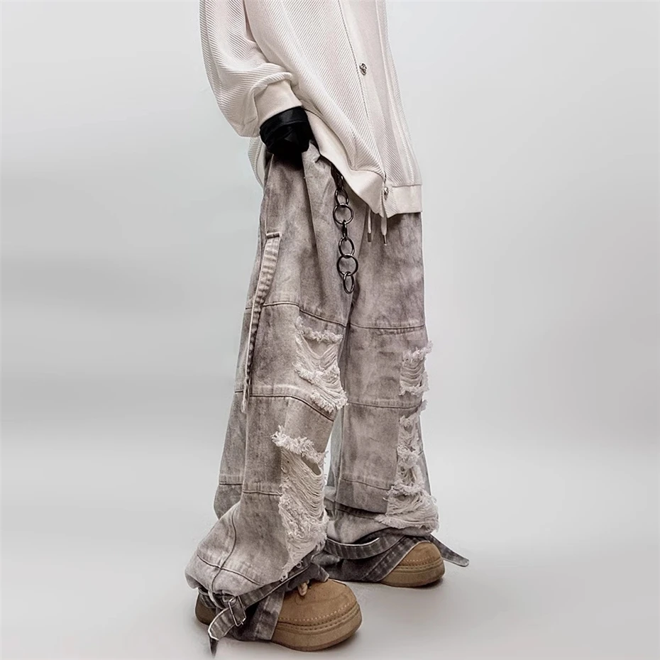 

Ripped Hole Jeans Mens Streetwear Hip Hop Tie Dye Wide-leg Trousers Harajuku Vintage Baggy Elastic Waist Casual Denim Pants Male