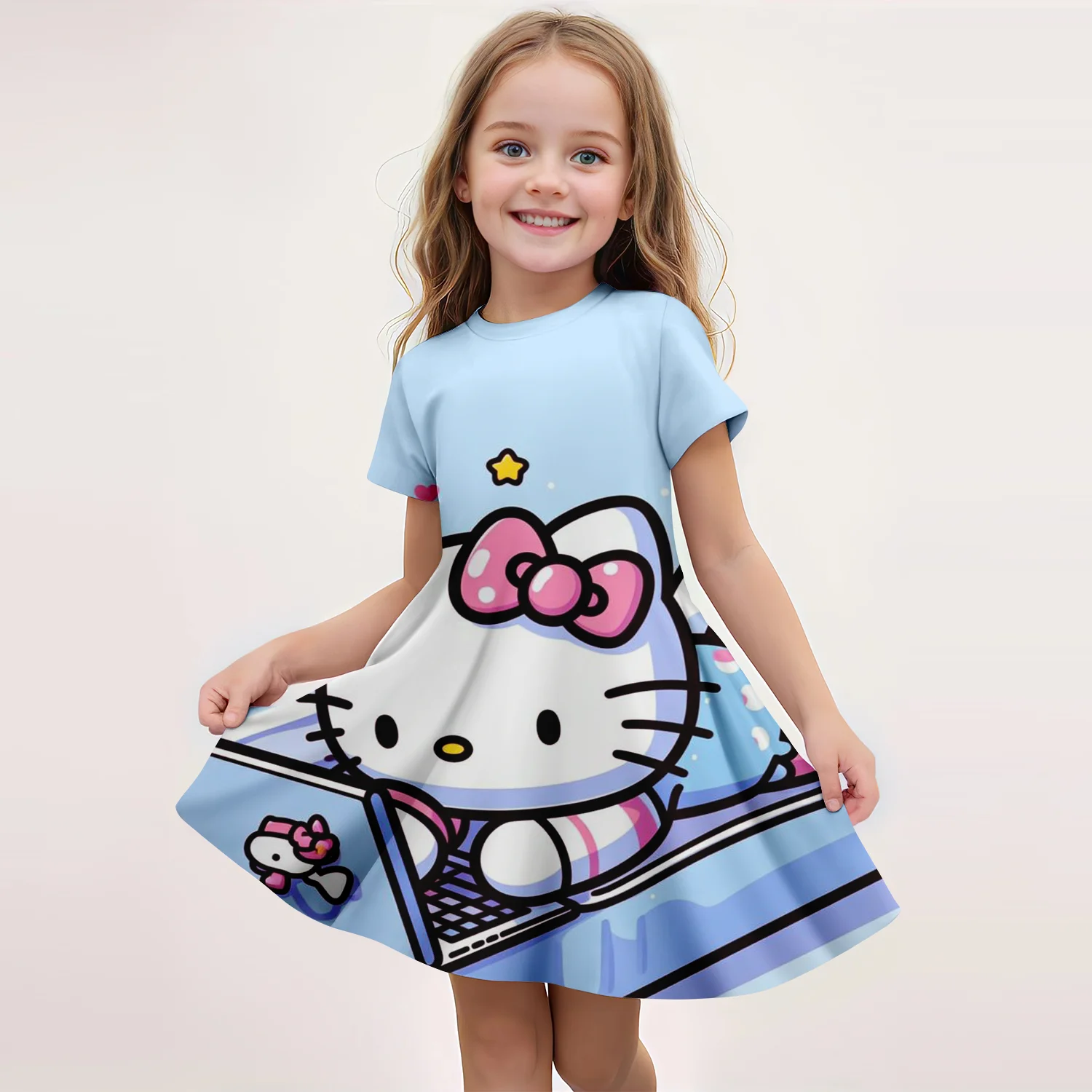 MINISO New Girls Summer Dress Fashion Cartoon Cute Hello Kitty & Friend 3D Print Dresses Girls Short Sleeve Princess Clothing