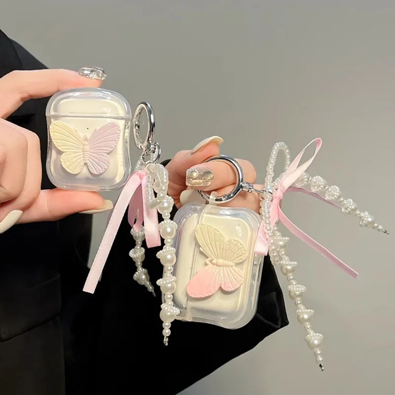 Apple Airpods 1/2/3 Proイヤホン用のかわいいパールチェーン,蝶の装飾,tpu製イヤホン用カバー