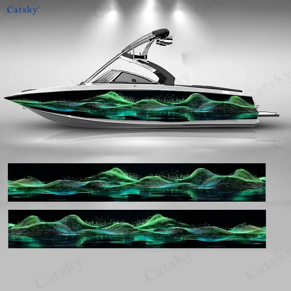 2Pcs Boat Graphic Wrap Sticker, Aurora Mountain Green Light Design, Waterproof Material, Suitable for Yachts Recreational Boats