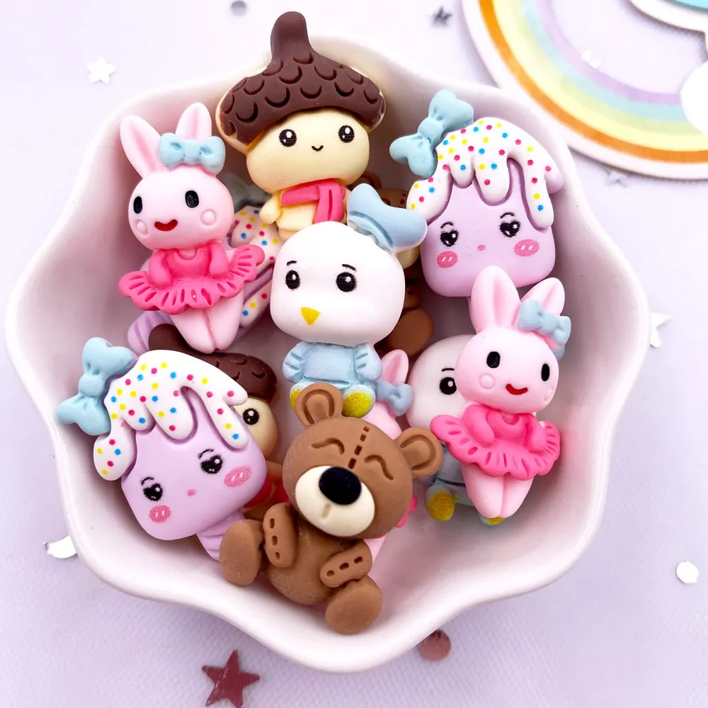 10pcs Resin Kawaii Duck Rabbit Popsicle Bear Flatback Cabochon Stone Figurines Home Decor DIY Bow Christmas Scrapbook Crafts OM4