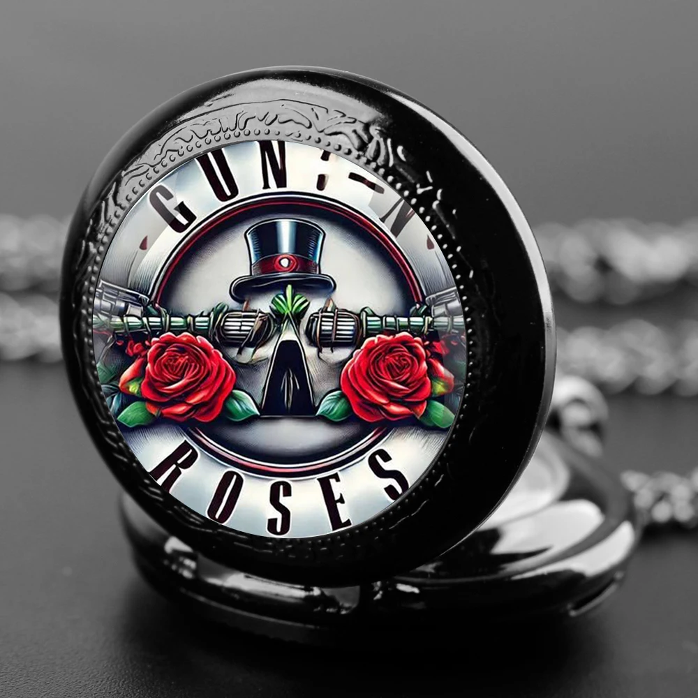 Orologio da tasca vintage al quarzo Gun's N Roses Rock Logo Design Orologio da tasca Collana con ciondolo per uomo Donna Regalo di compleanno per bambini
