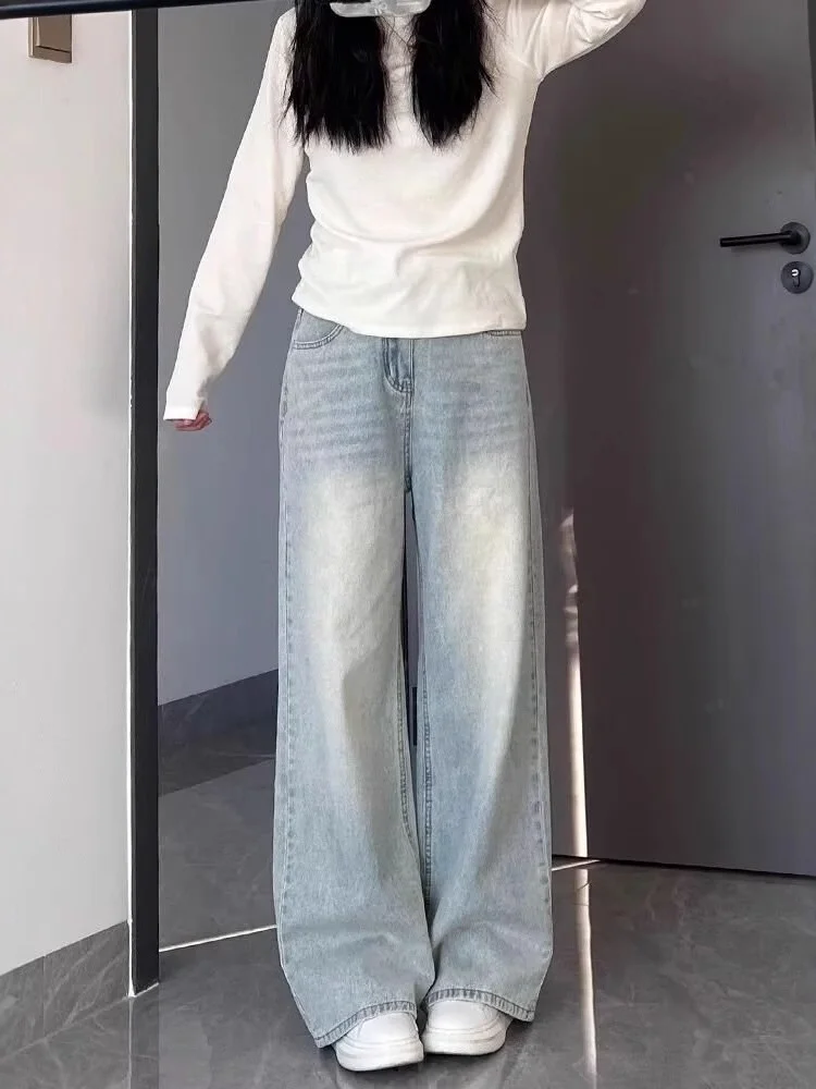 حجم كبير ارتفاع الخصر مستقيم الساق الدينيم الجينز المرأة ربيع الخريف فضفاض واسعة الساق الطابق طول السراويل للجسم الكمثرى aped #4