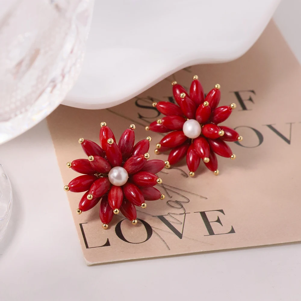 Natural Red Coral Stone Flower Freshwater Pearl Earrings Korean Style Women Luxury Jewelry Fashion Ladies and Girls Gift GE1536