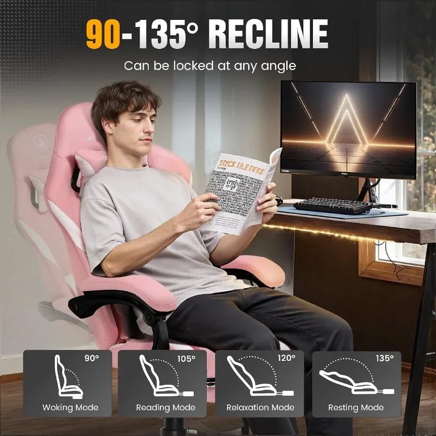 Gaming Chair with Foot Rest Pocket Spring Cushion, Ergonomic High Back Computer Chair for Home Office Desk, PU Leather, Pink, E view 6