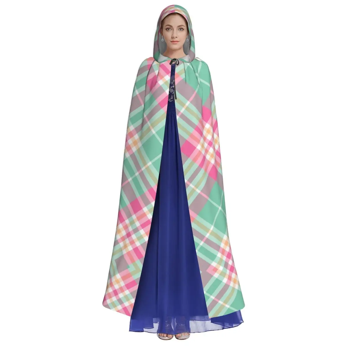 Colorful Plaid Checks Printed Witch Cloak Hooded Cosplay Costume Halloween Adult Long Party Cape