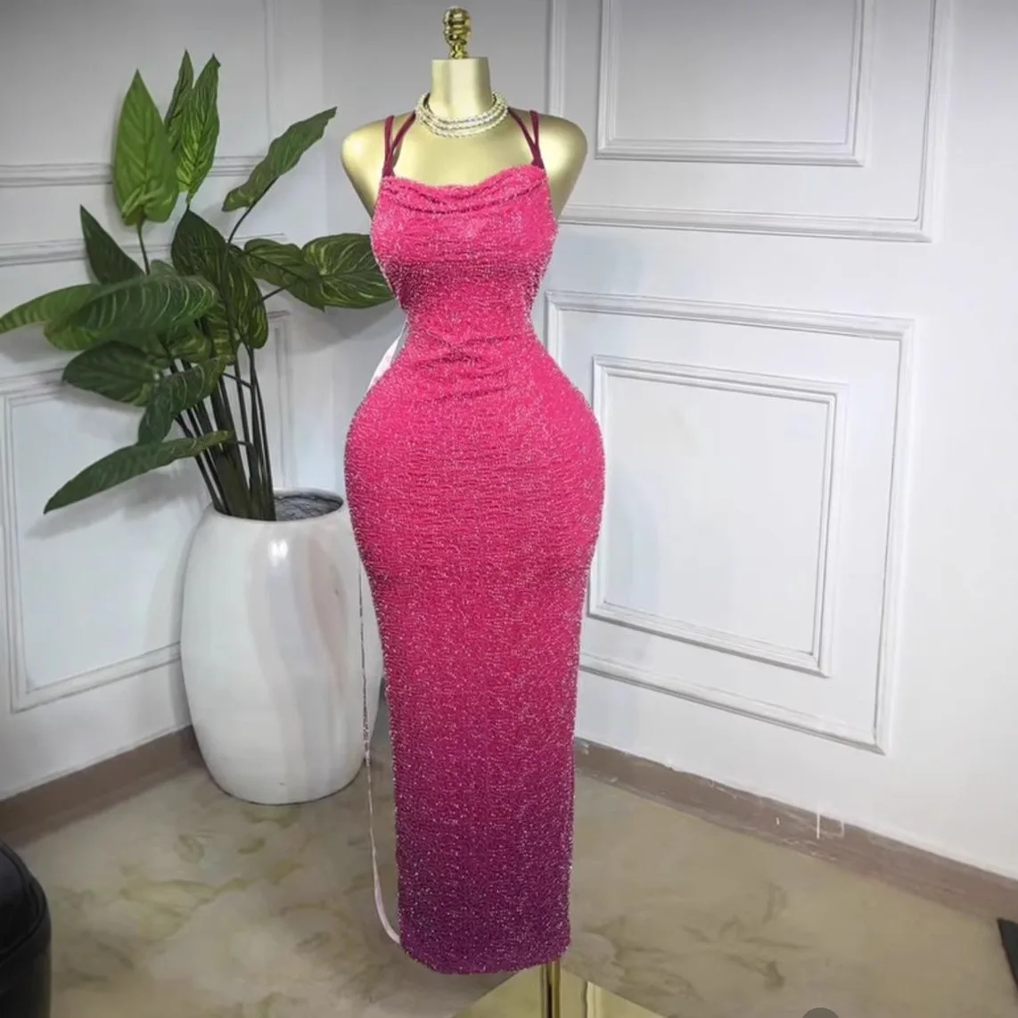 Mode luxe pleine perles Sexy moulante dégradé soirée longues robes femmes élégant dos nu discothèque robes sans bretelles