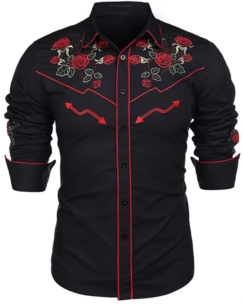 2023 New Men\'s Shirt Western Shirt Floral Print Lapel Street Long Sleeve Button Clothing Fashion Street Designer Western Style