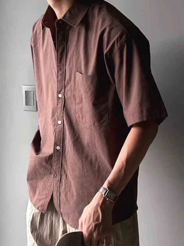 

Brown Cotton Linen Men's Shirt Loose Short Sleeve Thin Breathable Fashionable Workwear Shirt Wrinkles Texture Single Pocket