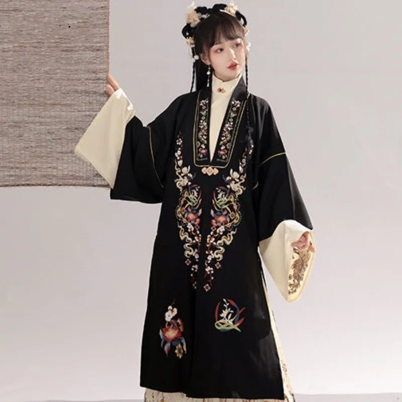 

Classical Elegant Dignified Hanfu Women's Ming System Stand Collar Oblique Lapel Long Coat Horse Face Skirt Autumn Winter Models