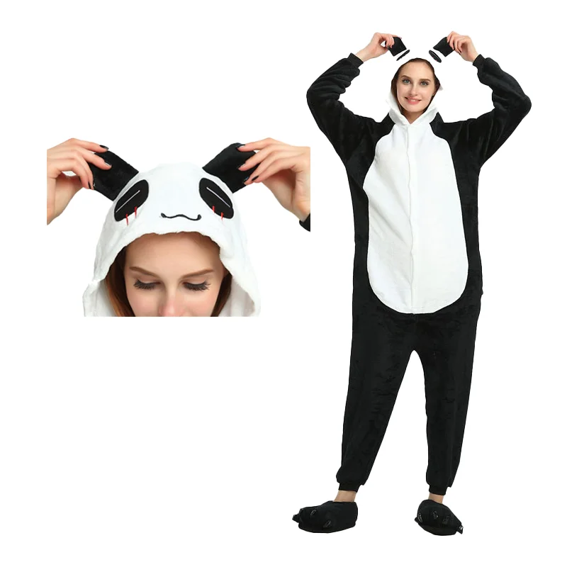 Cute Panda One-piece Pajamas with Zippers Soft Flannel Hooded Sleepwear Fashion Unisex Halloween Cosplay Casual Loungewear