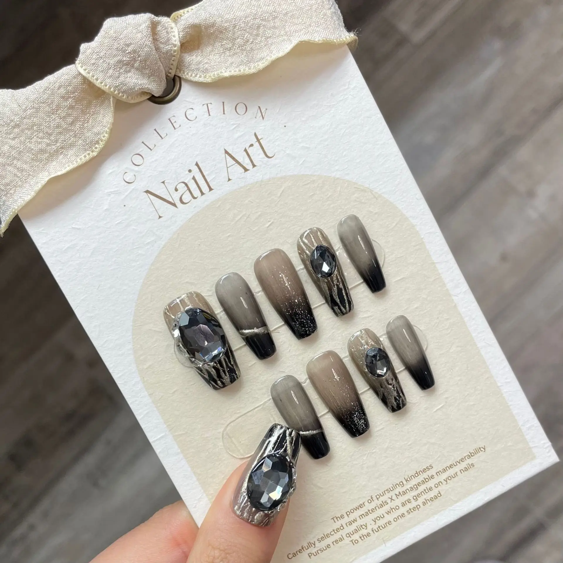 

10 PCS Luxury Handmade Press on Nails Middle Trapezoid Night Elves Design False Nails with 4-PIECE Tool Adhesive Nail Glue Tabs