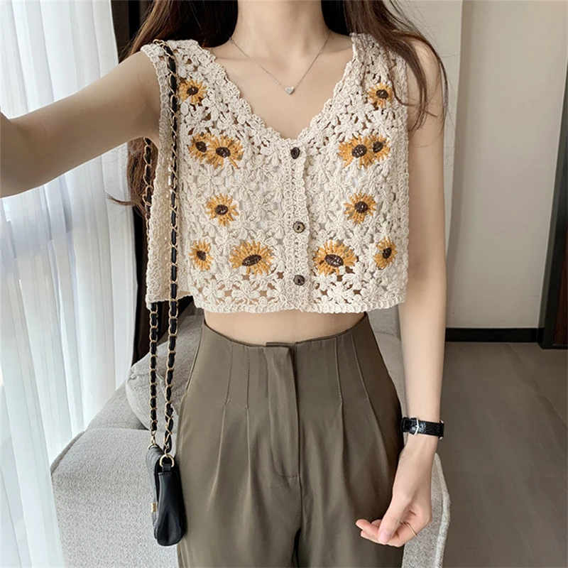 

Short Ethnic Style Embroidered Vest Knitted Hollow Out Embroidery Tank Top Undershirt cardigan Retro Camisole