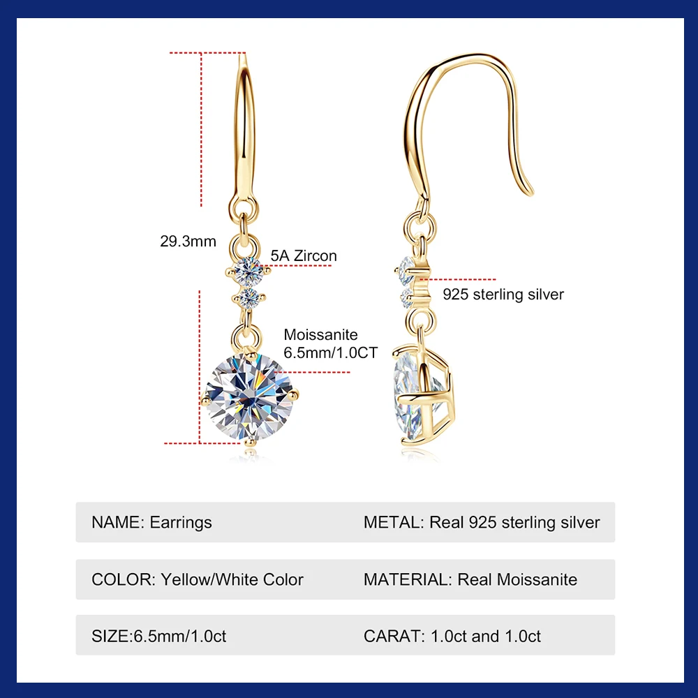 Moissanite Drop Dangle Earrings 1.0ct Diamond Earrings 925 Sterling Silver Gold Silver Color Hook Earring for Women Jewelry GRA