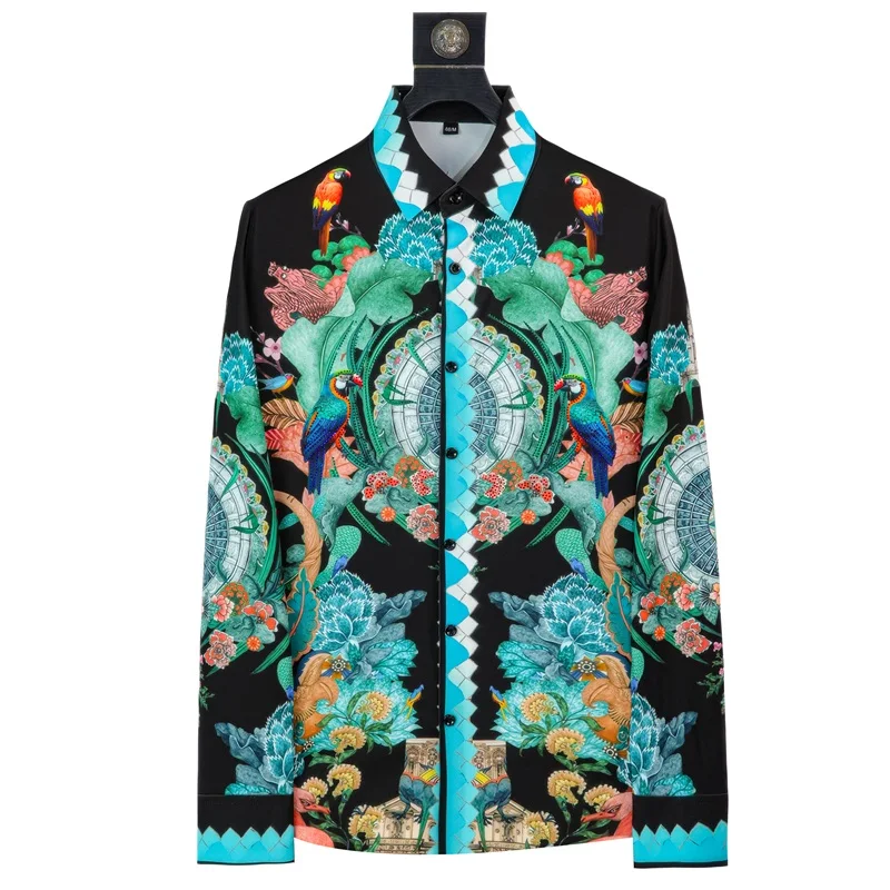Brand Vintage Rhinestone Printed Long Sleeved Shirt for Men Fashion Business Casual Dress Shirts Versatile Social Banquet Party