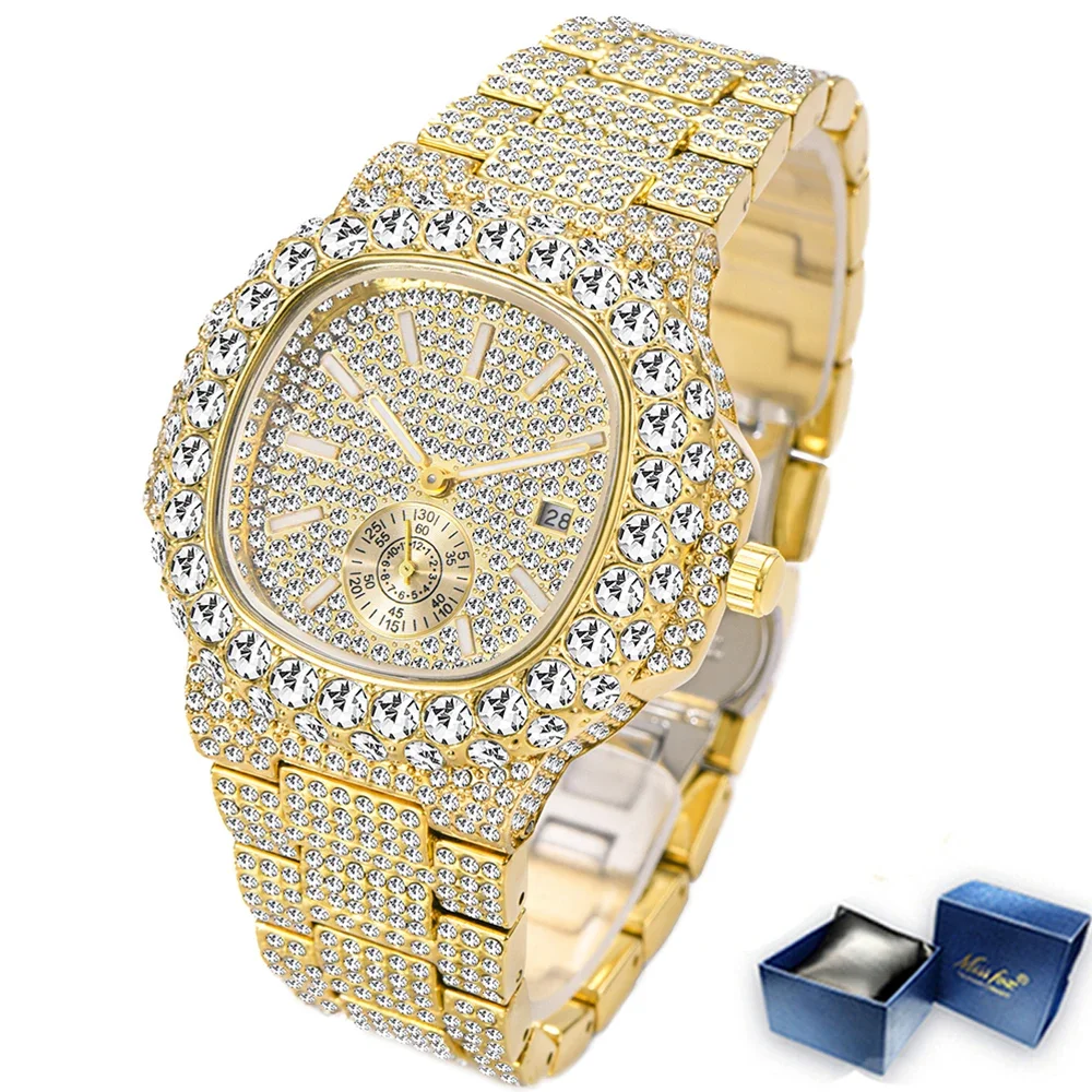 

Top Brand MISSFOX Hip Hop Iced Out Watches Men Luxury Full Diamond 18K Gold Automatic Date Clock Steel Waterproof Quartz Watches