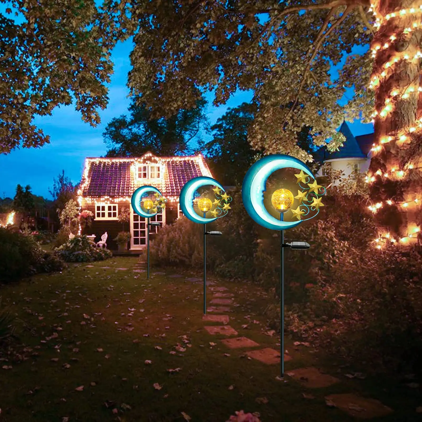 Imagem -06 - Solar Led Moon e Star Lights para Jardim ao ar Livre Decorativo Metal Pathway Lights Lâmpada para Gramado Pátio Pátio Decoração do Quintal