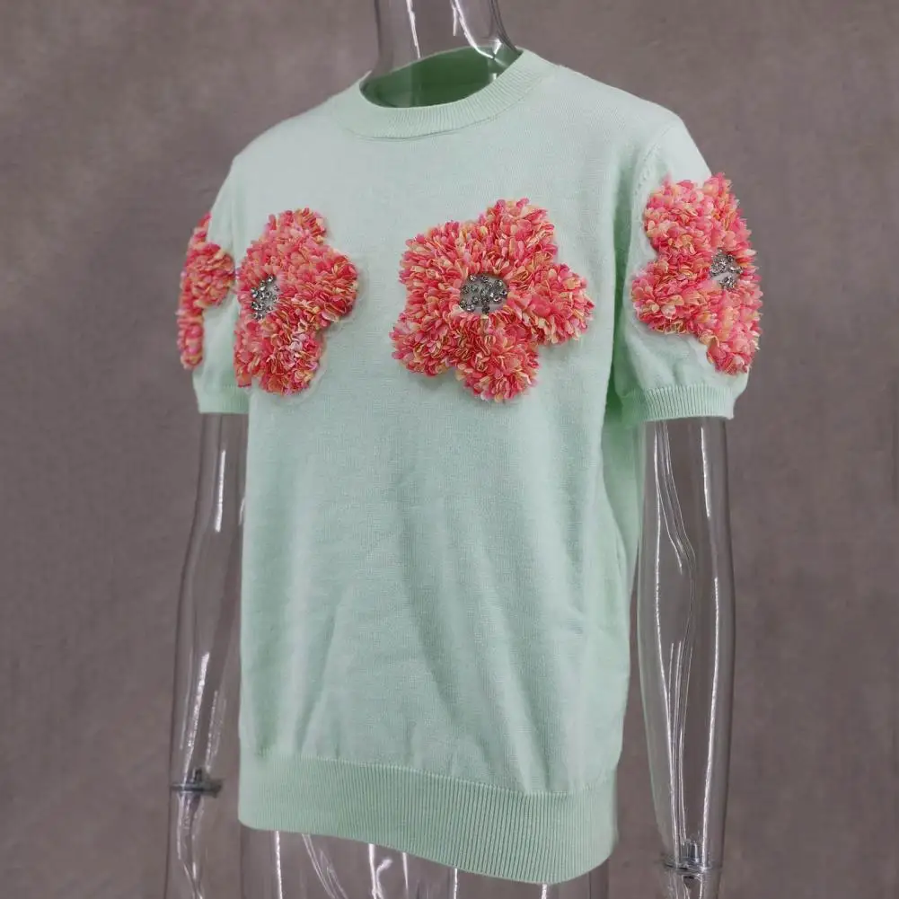 

Round Neck Short-sleeved Blouse Elegant Floral Knit Tops Women's Round Neck Short Sleeve Sweater with 3d Flower for Daily