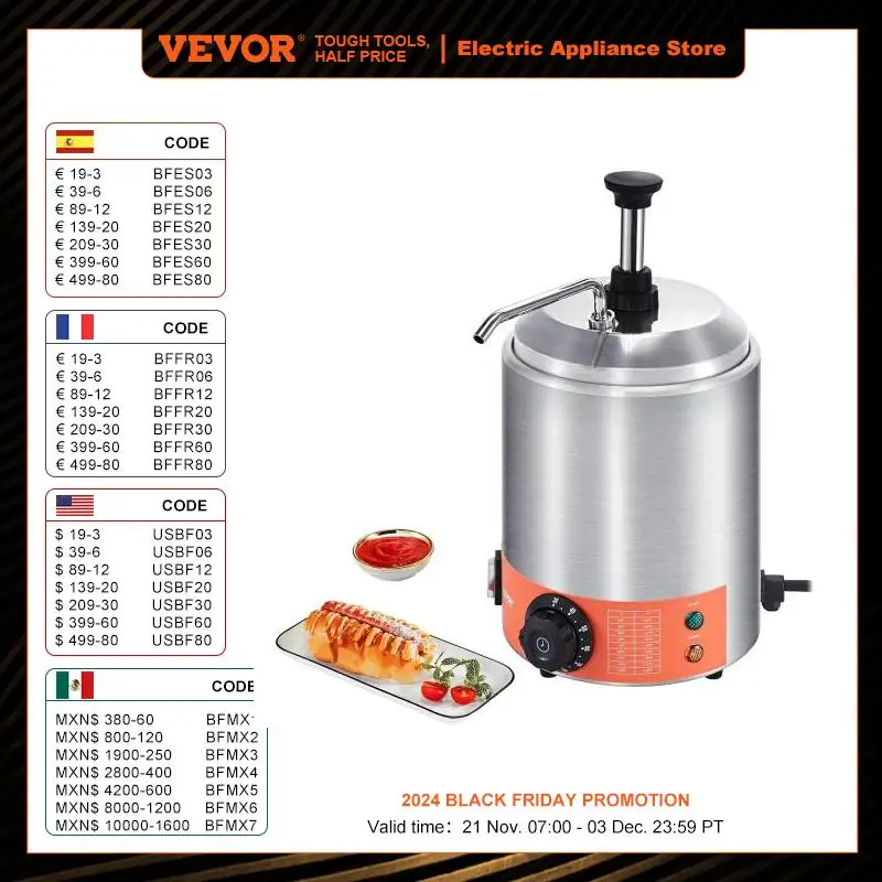 VEVOR Electric Cheese Dispenser with Pump 2.3 Qt Commercial Hot Fudge Warmer Stainless Steel Pump Dispenser 86-230℉ Temp