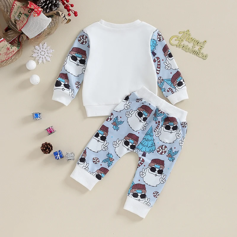 Suefunskry Baby Christmas Outfits Newborn Santa Claus Print Long Sleeve Round Neck Sweatshirt and Pants Set Toddler 2Pcs Suits