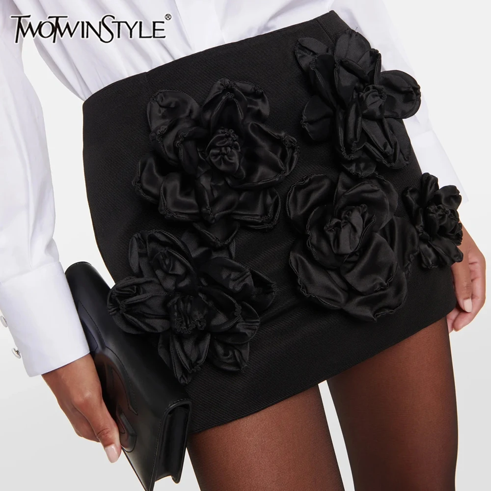 

TWOTWINSTYLE Solid Temperament Skirts For Women High Waist Patchwork Appliques Slimming Elegant Skirt Female Fashion Clothes New