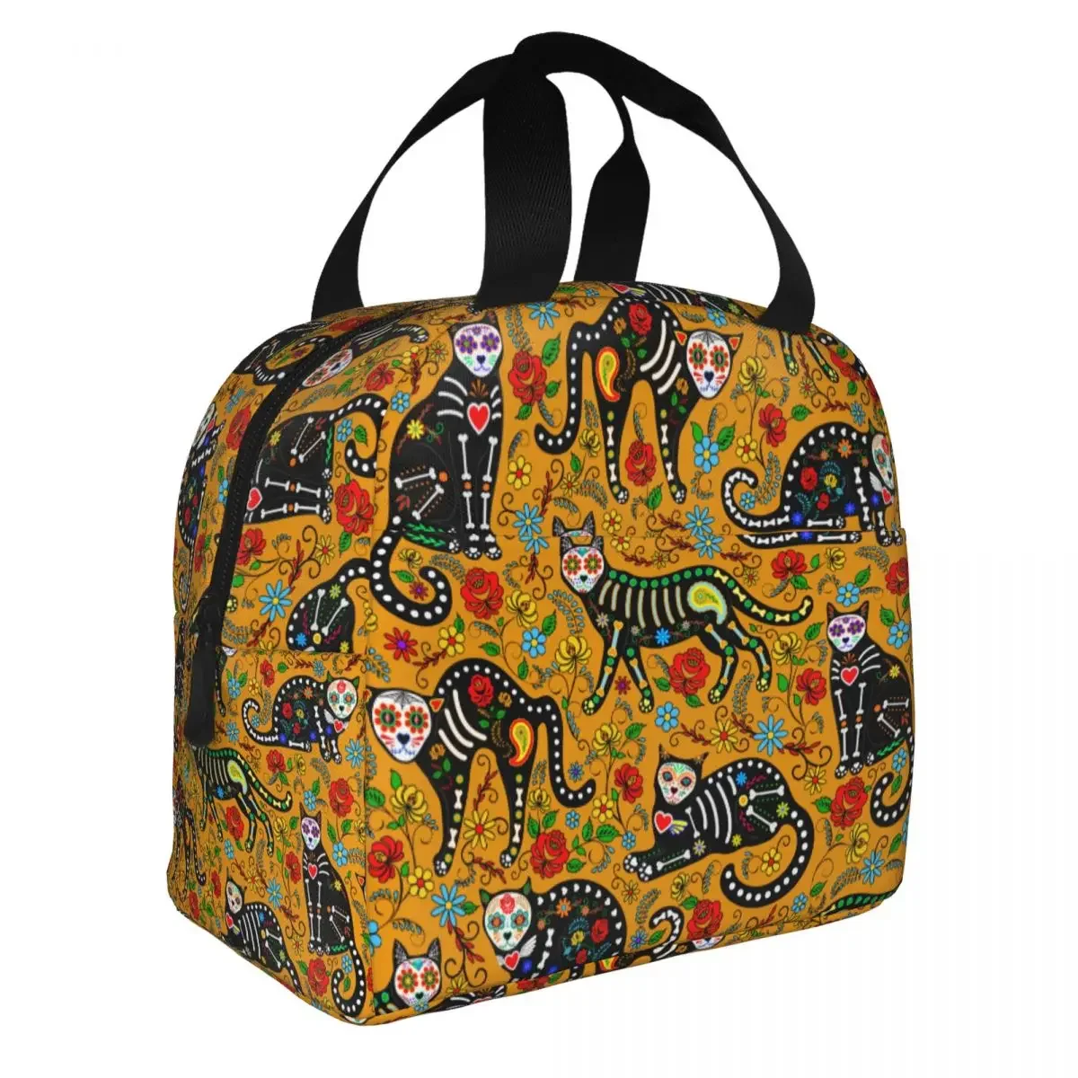 Lunch Bags for Women Kids Calavera Sugar Skull Cats Mexican Insulated Cooler Bag Picnic Travel Lunch Box Food Storage Bags