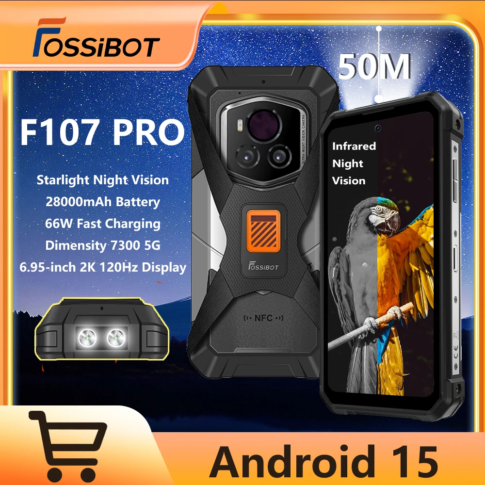 جديد Fossibot F107 PRO هاتف متين بالأشعة تحت الحمراء للرؤية الليلية 28000mAh 66W البعد 7300 5G 50M مصباح يدوي 12GB + 512GB أندرويد 15