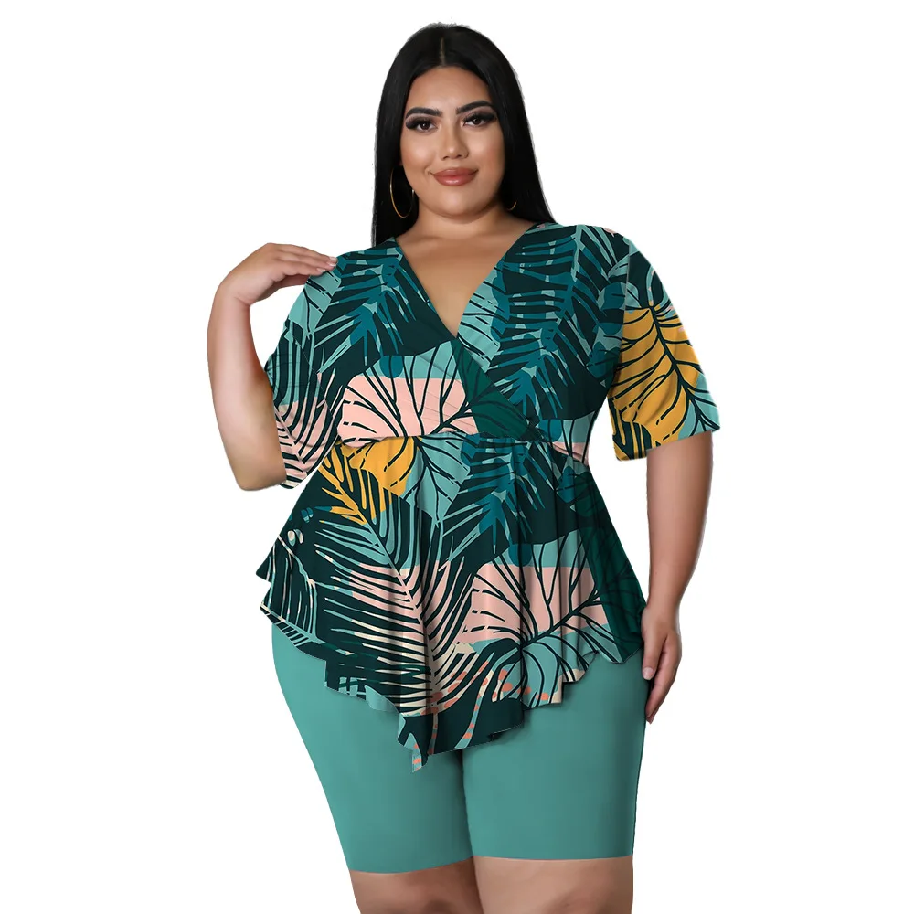 bohemia printed sexy outfits plus size women clothing v neck top short pant suits summer two piece set Wholesale Dropshipping