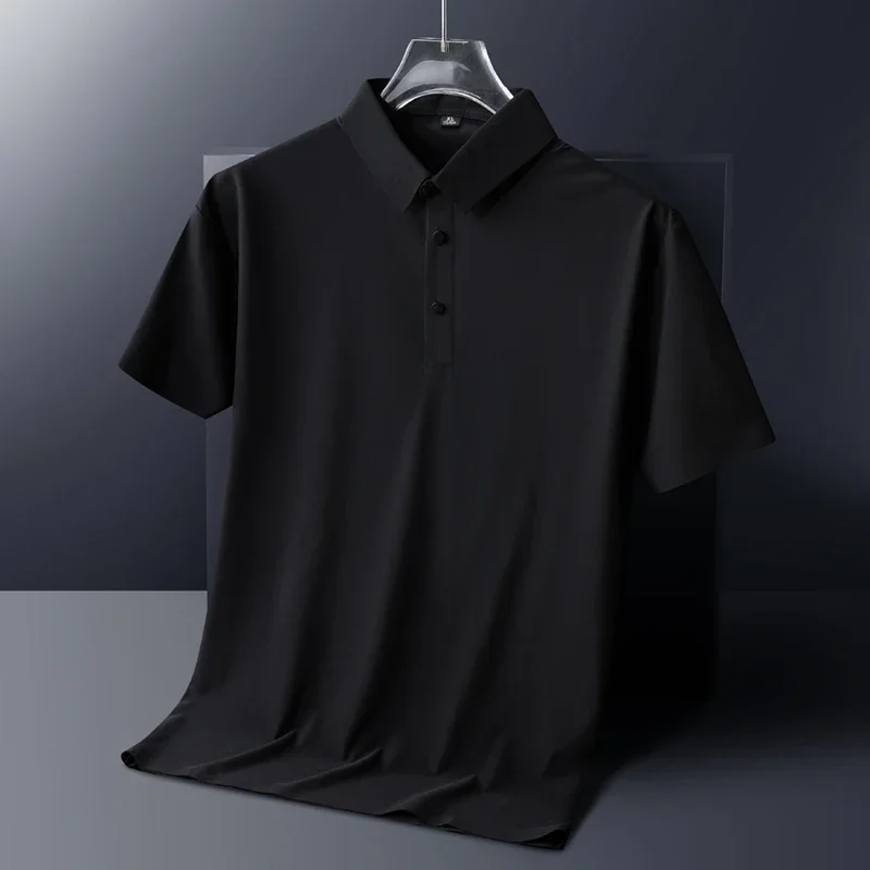 

Black Wrinkle Resistant Ice Silk Short Sleeved T-shirt Men's Summer Lapel Casual Solid Color Tops Polo Men