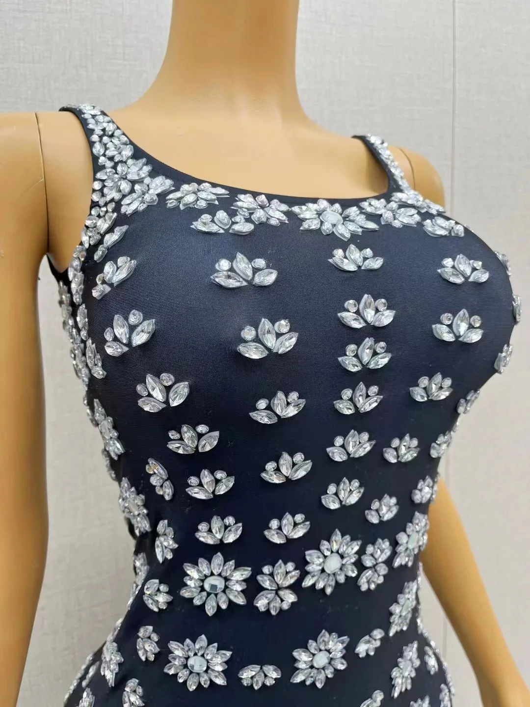 Sexy Stage Silver Rhinestones Birthday Celebrate Sleeveless Black Dress Outfit Party Dance Gowns Collections Photoshoot Costume