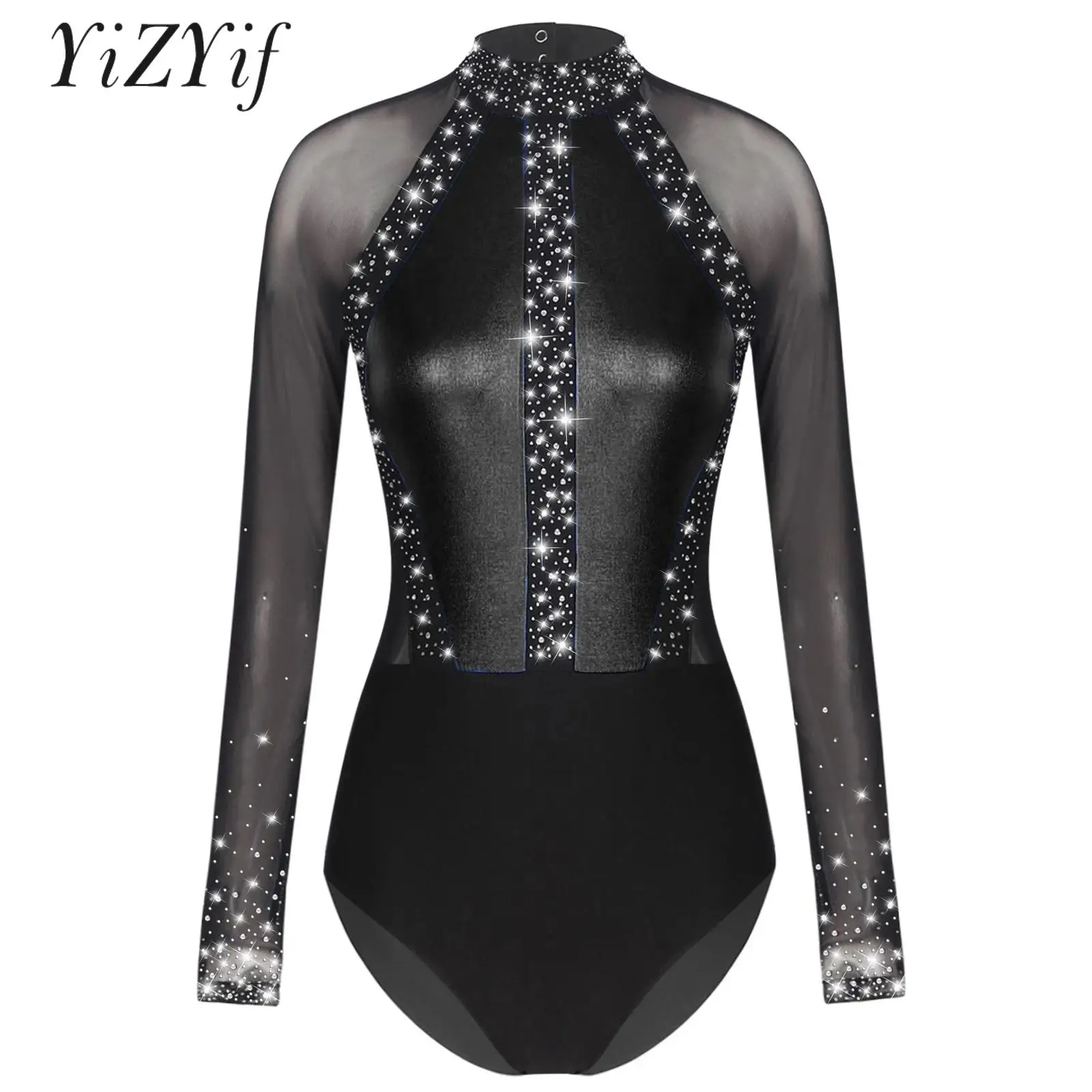 Women\'s Gymnastic Leotard Metallic Mesh Patchwork Bodysuit Ballet Dance Top Figure Skating Dance Outfits Performance Costume