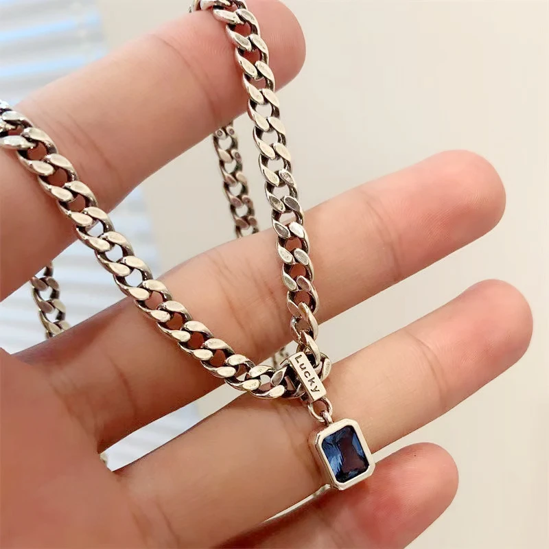 

WEDHOC 925 Sterling Silver Vintage Thai Silver Blue Square Zircon Lucky Pendant Necklace For Women Luxury Jewelry Party Gift