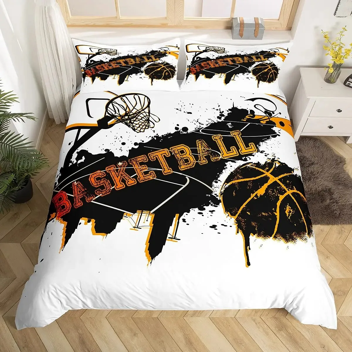 Basketball Duvet Cover Set Queen,Sports Gaming Comforter Cover for Boys Girls,Black Graffiti Bedding Set Sports Bedspread Cover