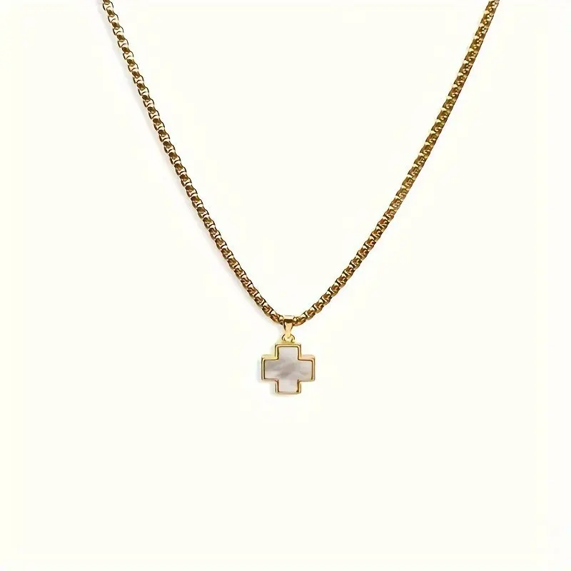 Retro Weiße Acryl-Muschel Kreuz-Anhänger Halskette Hip-Hop Goldfarben Edelstahl Halskette für Männer Mode Schmuck Accessoires – Detail 5