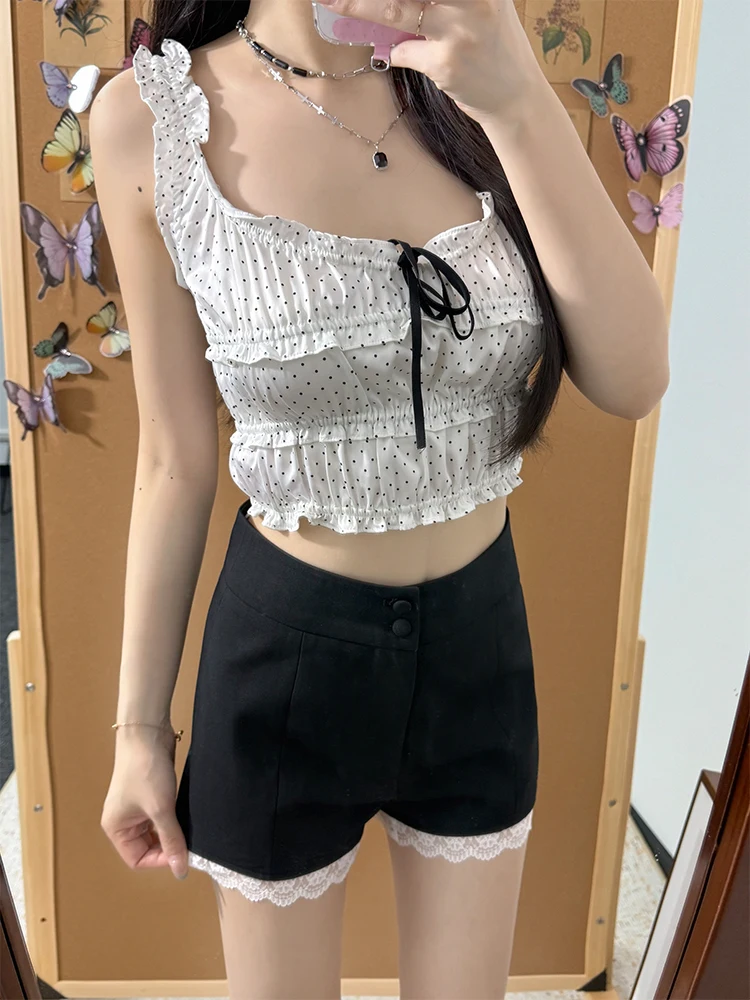 슬리밍 퓨어 디자이어 핫 걸 세트 여성 여름 2025 폴카 도트 레이스 트림 스트랩 베스트 A라인 투피스 세트 패셔너블