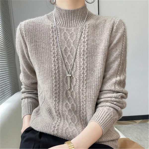 New Spring Knitted Pullovers Half High Collar Loose Thick Warm Sweater For Women Vintage Autumn Winter Mother Bottoming Top