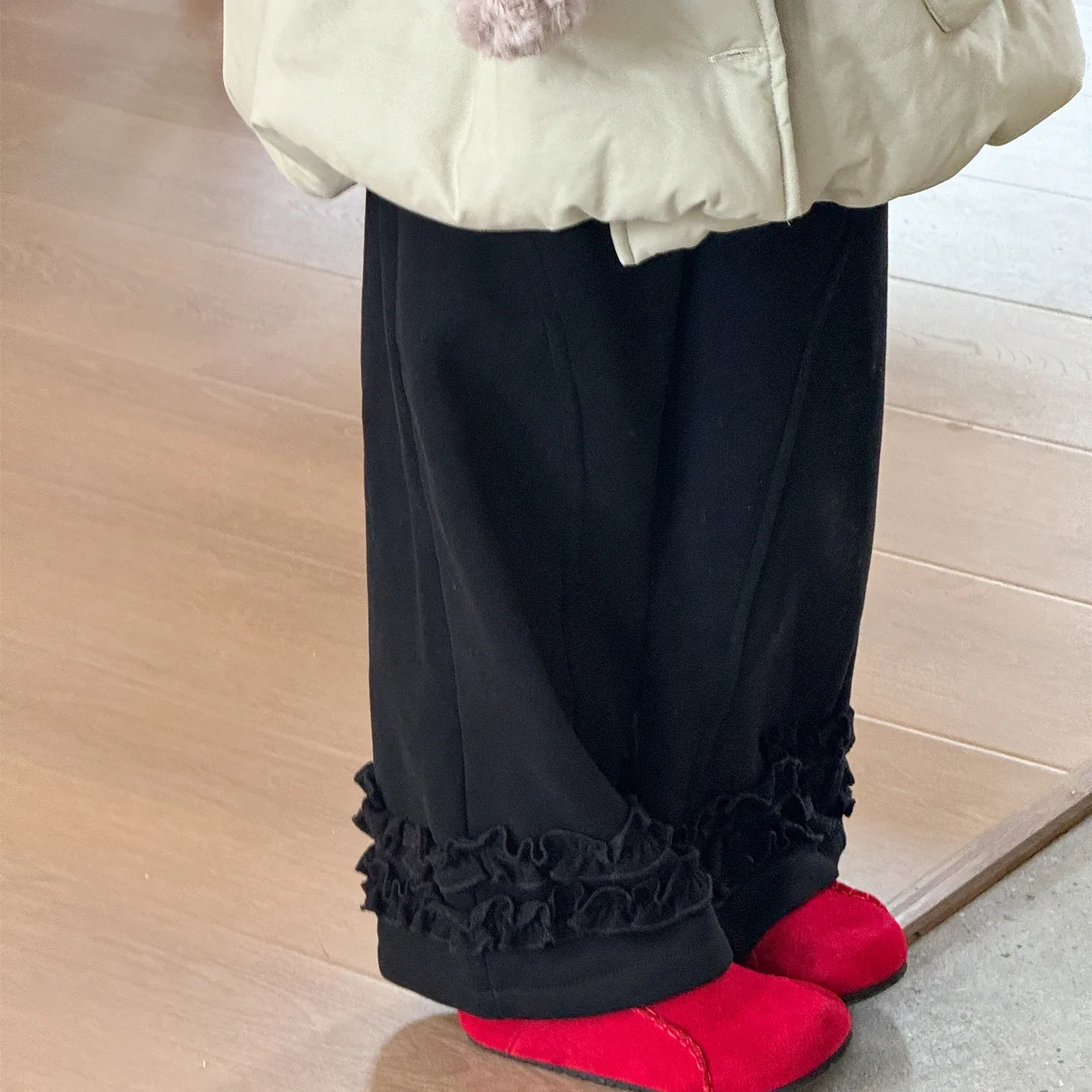 2025 الفتيات الكورية الخريف والشتاء جديد بلون الدانتيل التخسيس تنوعا واسعة الساق السراويل زائد المخملية السراويل المستقيمة بوتيك #3