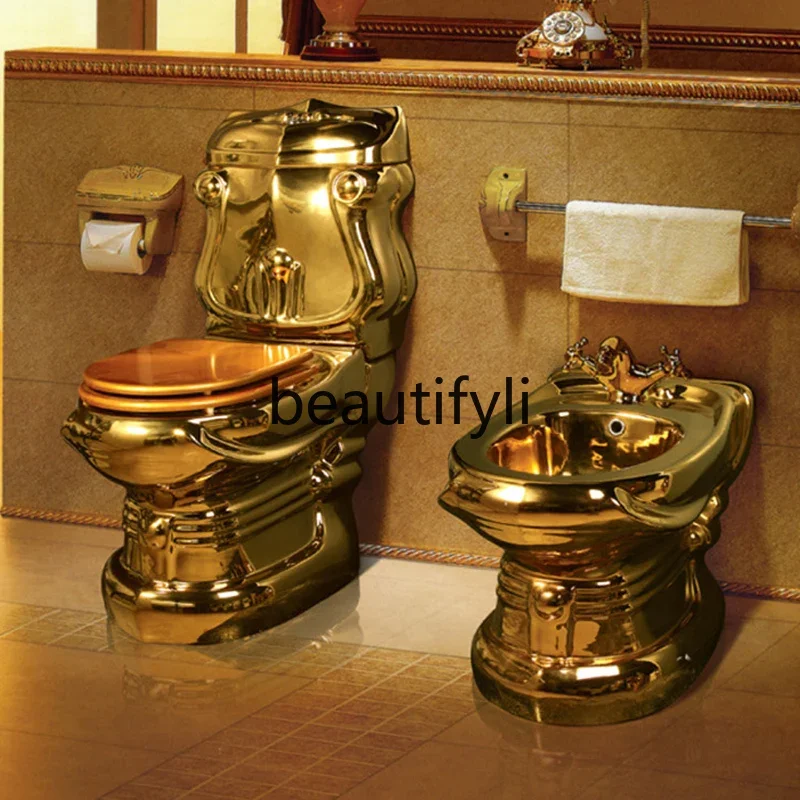 European golden toilet retro hotel color gold toilet split creative wall row gold-plated toilet column basin