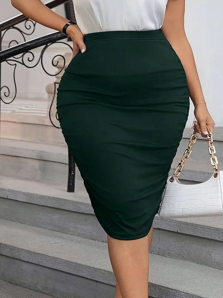 GIBSIE Plus Size Solid Ruched Bodycon Midi Skirt Women Summer Fashion Street Party Elegant High Waist Office Ladies Sexy Skirts