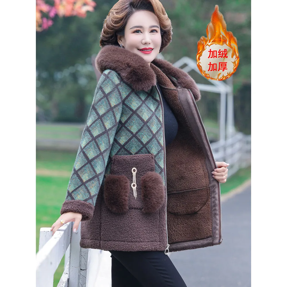 

High-quality Wool Jacket Middle-aged Mother Faux Mink Fur Coat Granular Velvet Spliced Cotton Padded Parkas Thick Plaid Overcoat