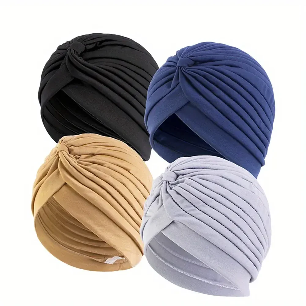 4pcs/set Solid Color Turban Cap Elastic Bonnet Head Scarf Women Chemo Hats Casual Pleated Head Wrap