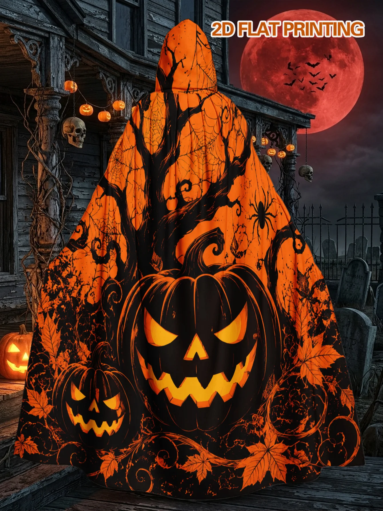 Customization 1pc, Polyester Witch's Robe With Halloween Gothic Pumpkin Night Pattern, Hooded Cape For Halloween And Christmas C