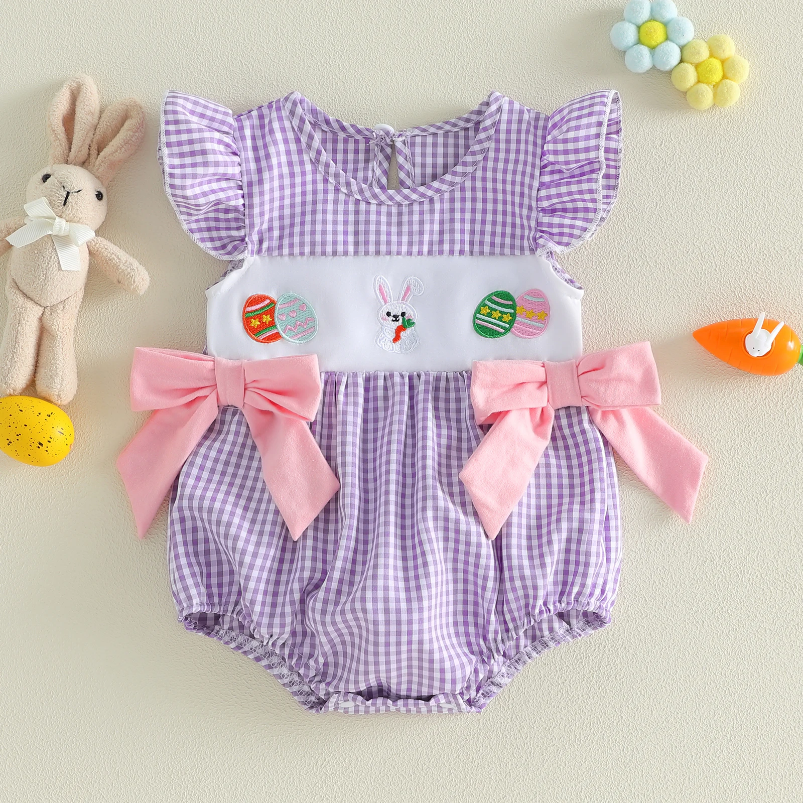 

Пасхальный комбинезон для маленьких девочек, комбинезон с рукавами-крылышками и круглым вырезом, милый комбинезон с вышивкой в ​​виде кролика, клетчатый принт, декор с бантом