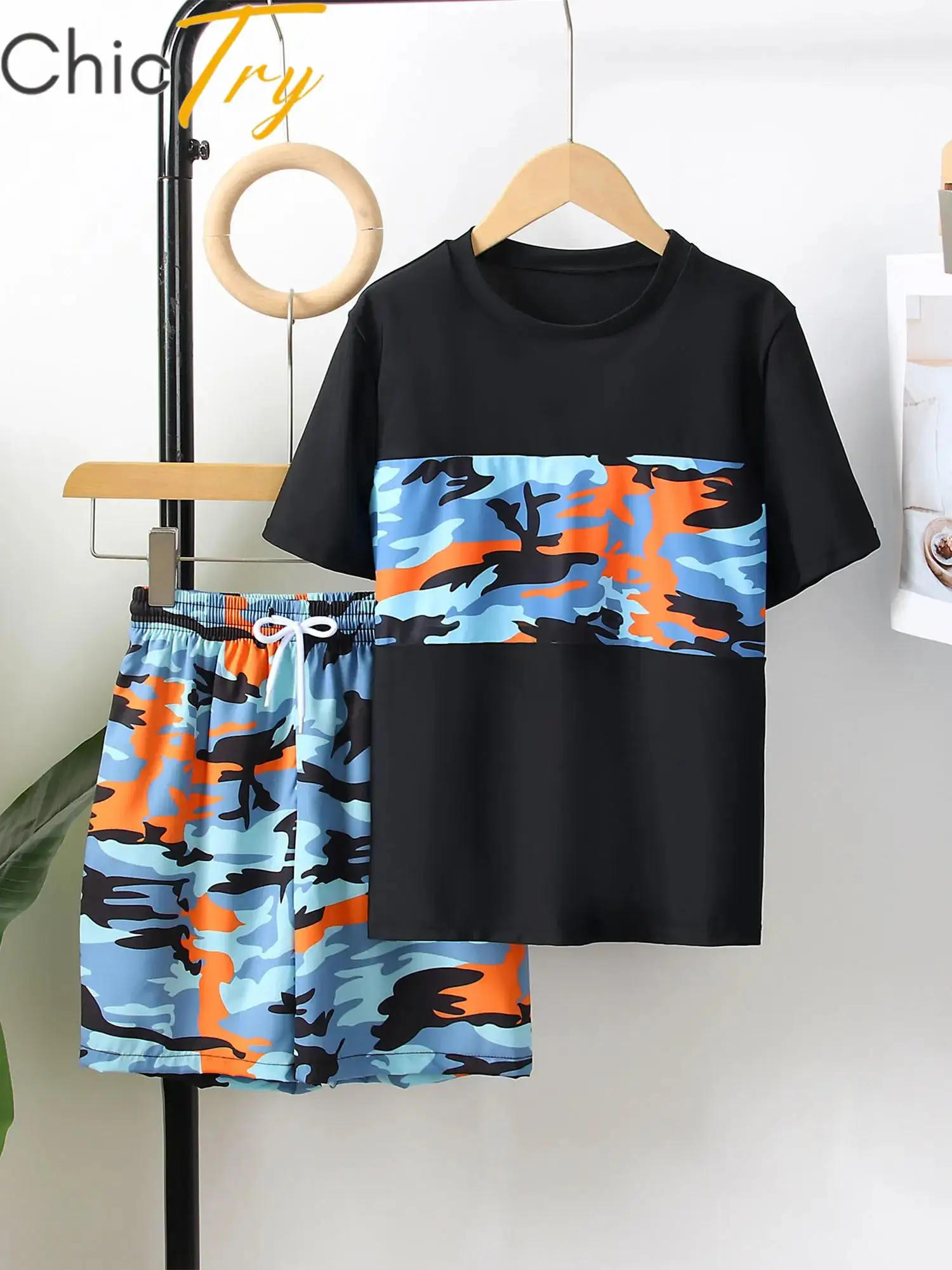 

Kids Boys 2Pcs Swimsuit Swim Sets Rashguard Beachwear Outfits Round Neck Short Sleeve Top with Drawstring Shorts Bathing Suits