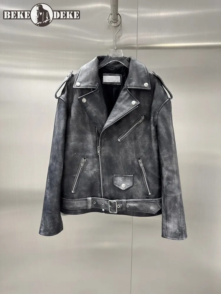 Chaqueta de cuero genuino para mujer, abrigo corto de piel de vaca, Estilo Vintage, Punk, motociclista, con cremallera y solapa, holgado,