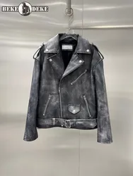 Chaqueta de cuero genuino para mujer, abrigo corto de piel de vaca, Estilo Vintage, Punk, motociclista, con cremallera y solapa, holgado, personalizado, 20 días