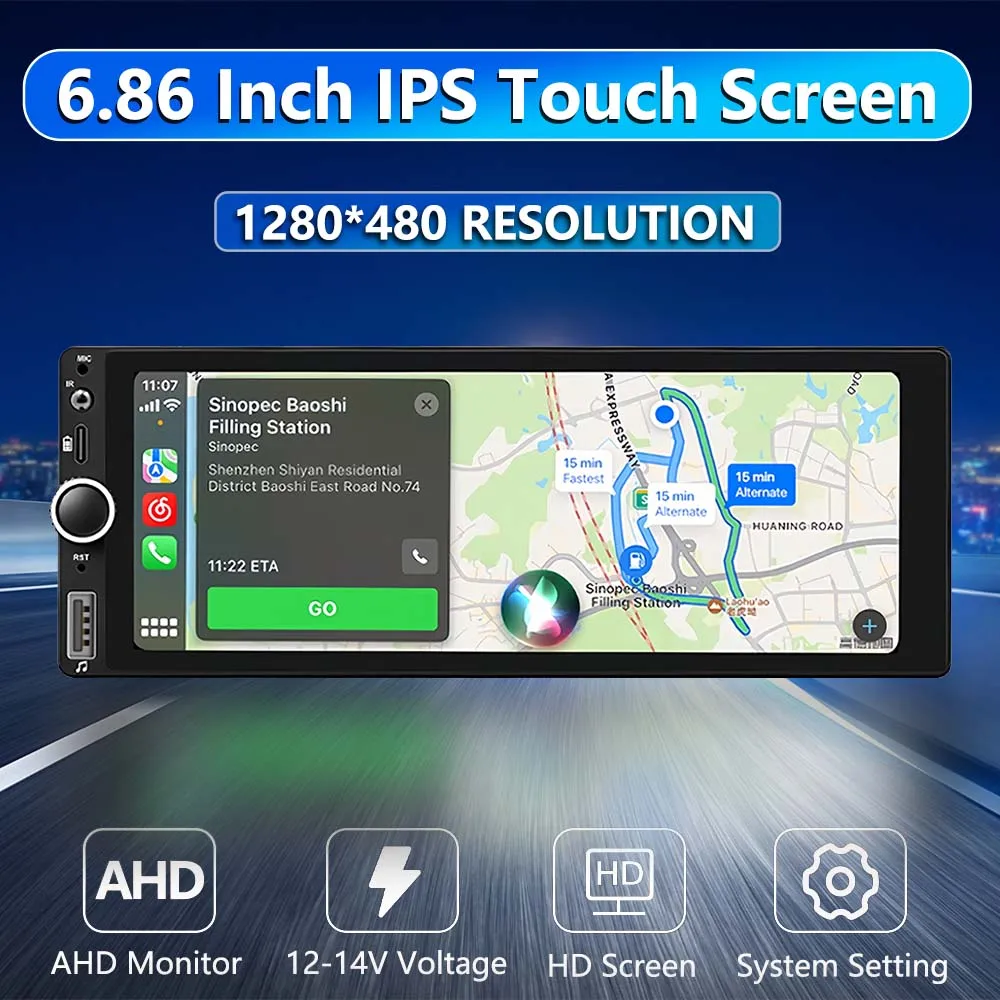 6.86 Inch 1Din Touch Screen Car Multimedia Radio BT Carplay Android Auto USB RDS FM MP5 Player SWC Wireless Mirror Link Video