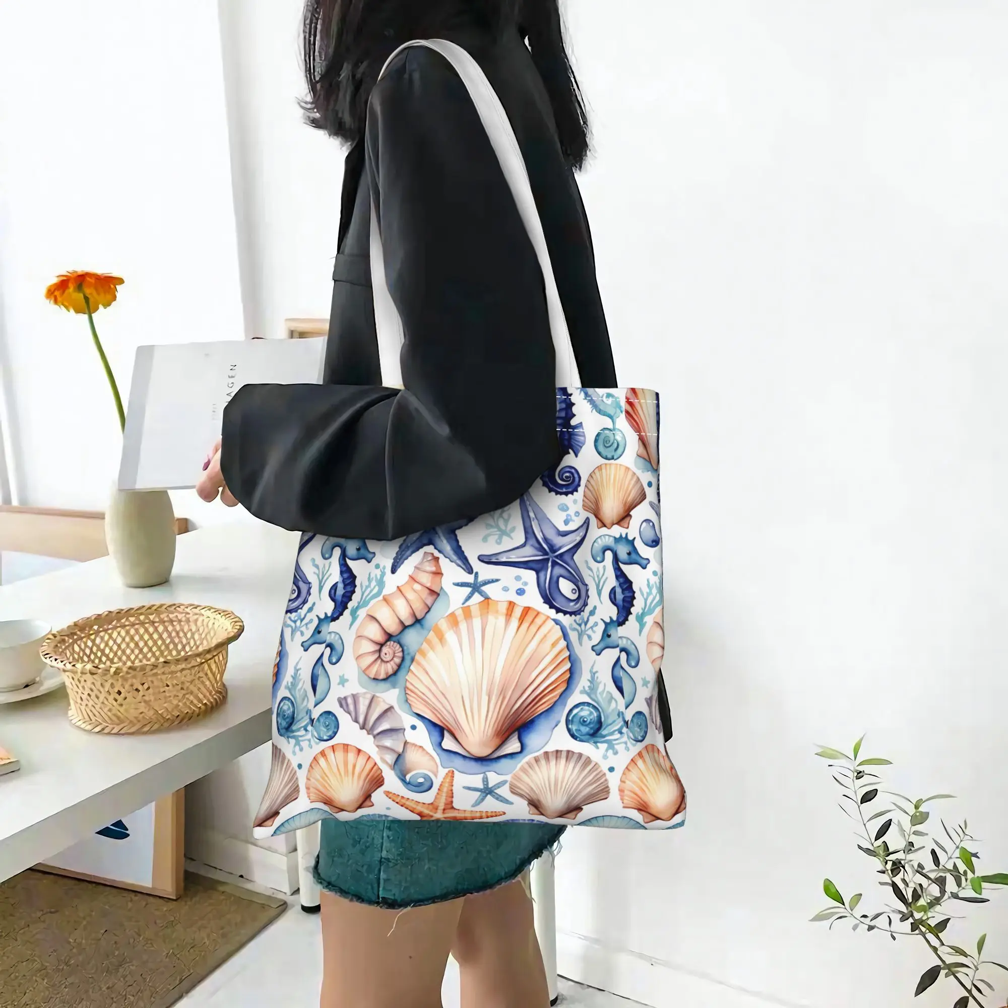 1pc Watercolor Marine Life Print Tote Shopping Bag, Suitable for Daily Use,Shopping,School,Travel, A Fresh Gift for Ocean Lovers